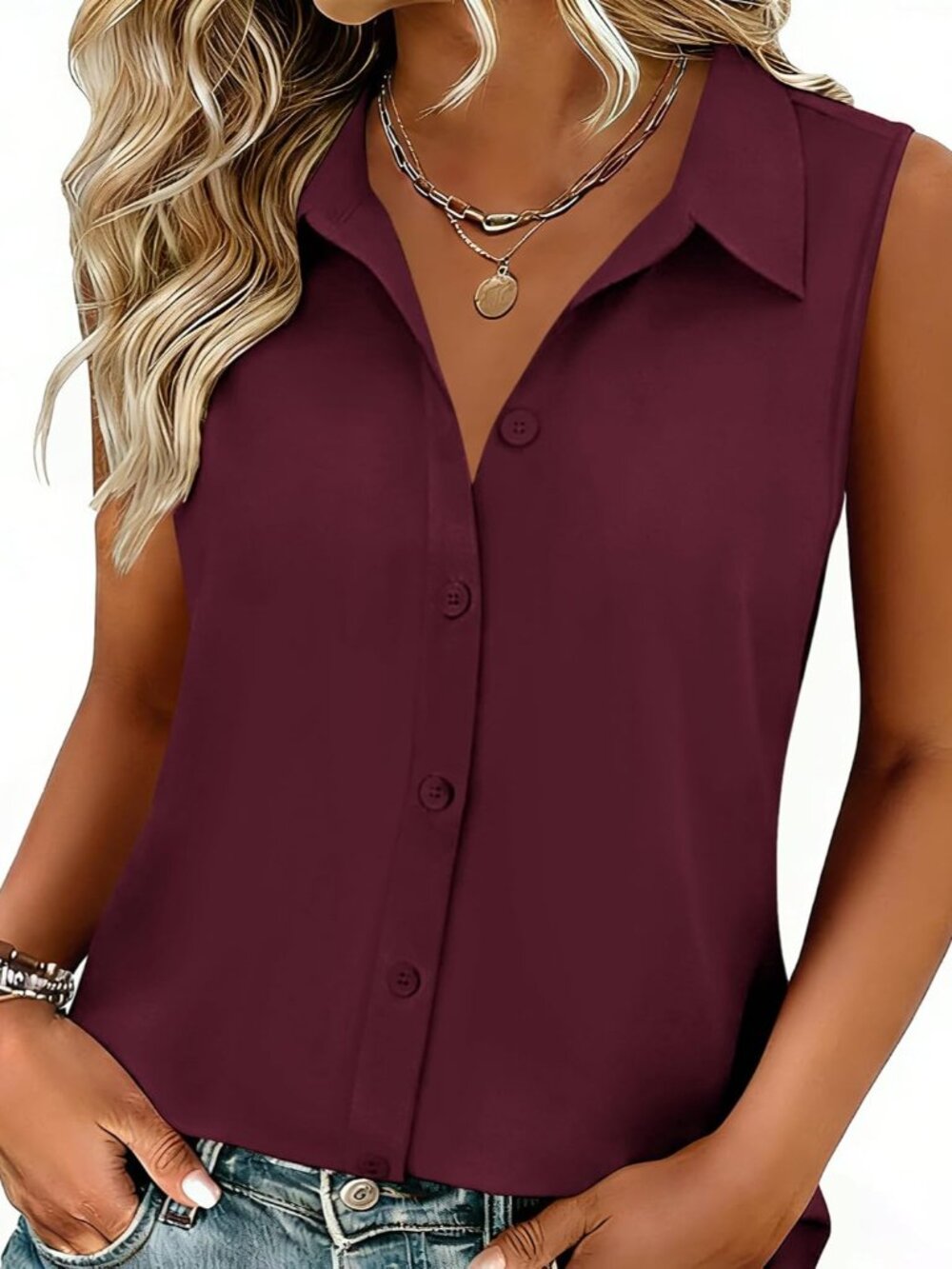 Women's Sleeveless Button Down Collared Shirts Business Casual Tops